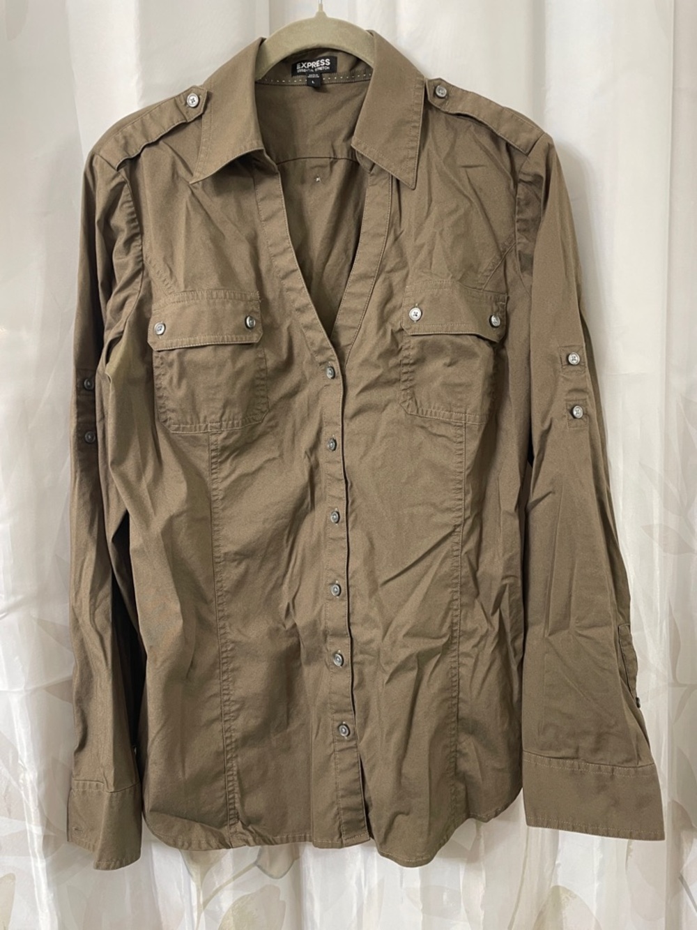 Express Women's Olive Green Button-Down Shirt